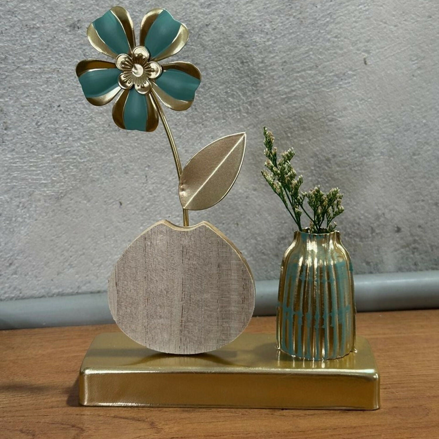 Luxury Golden Metal Flower Showpiece with Wooden Base & Mini Vase | Decorative Artificial Flower Table Accent for Home, Living Room, Office, Bedroom & Gifting