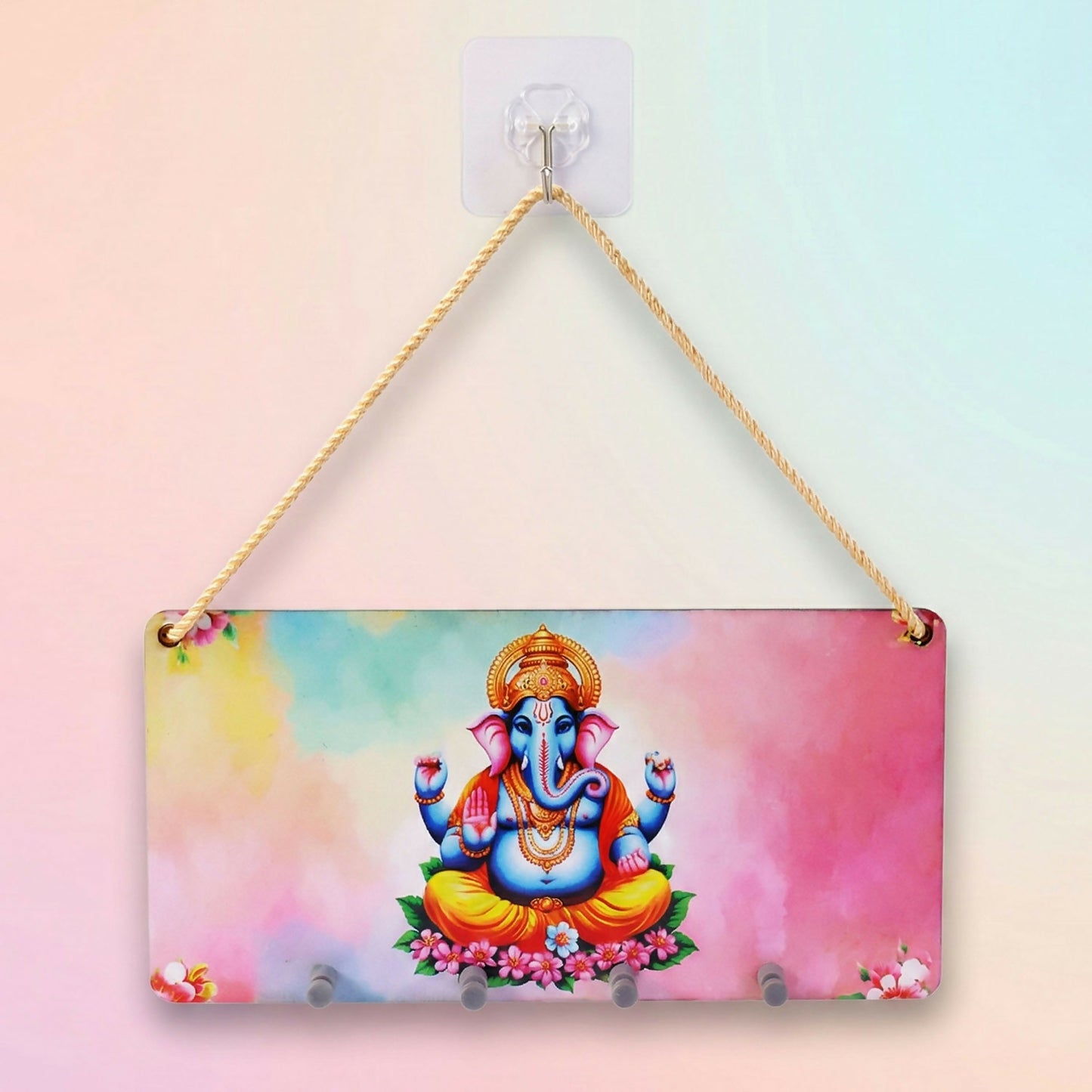 Ganpati Printed Wooden Key Holder with Rope Hanging & 4 Hooks – 6 x 12 Inch