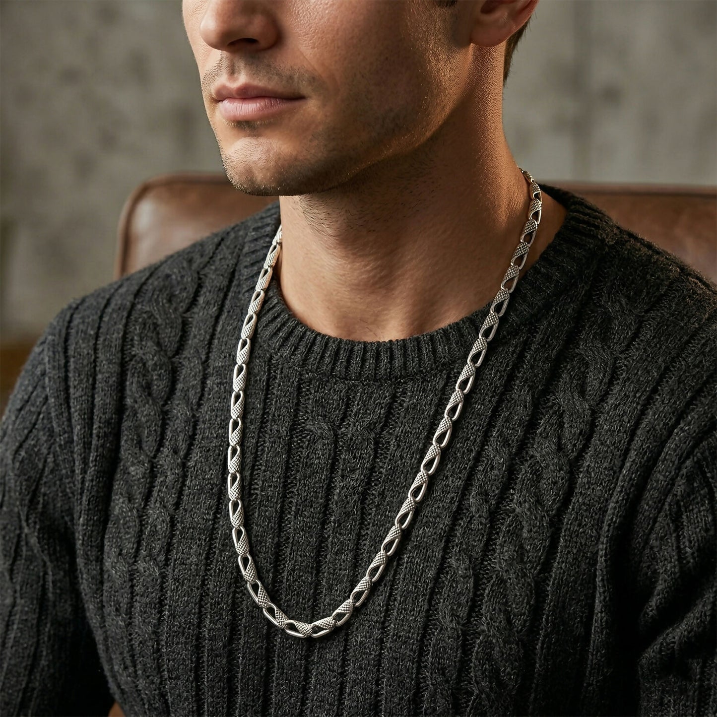 Men wearing elegant silver tone textured chain necklace