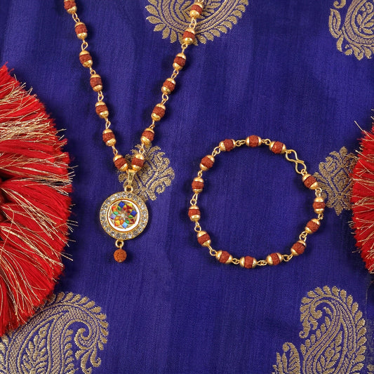 Traditional Beaded Rudraksha Necklace & Bracelet Set with Pendant
