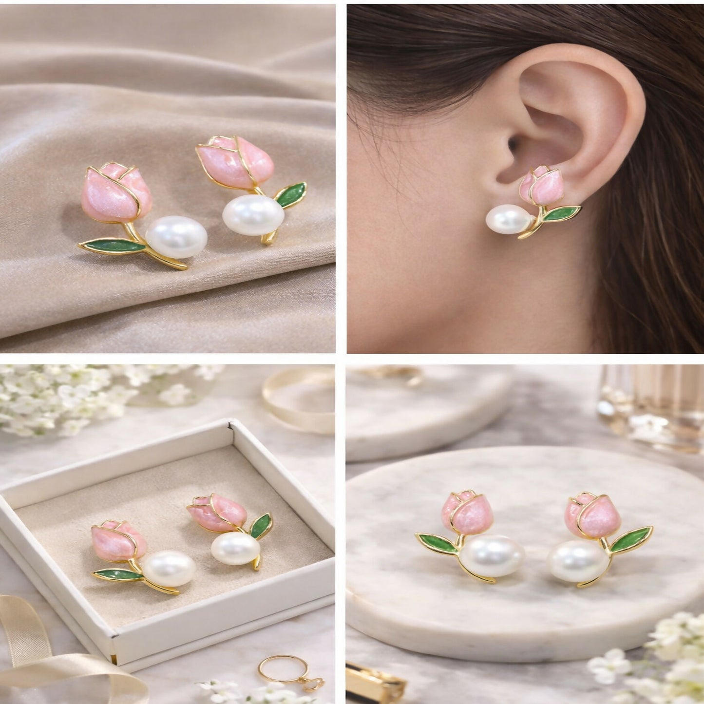 Luxury Pink Tulip Pearl Stud Earrings for Women & Girls – Gold Plated Floral Designer Earrings