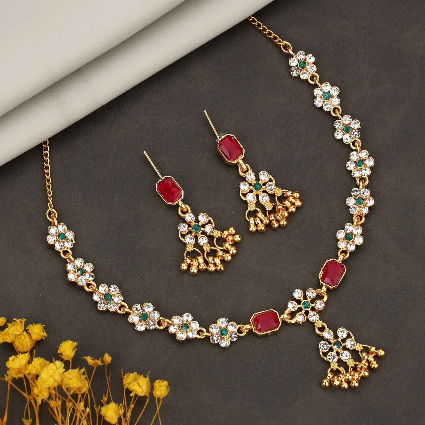 Romantic Rose Gold Ruby Red Crystal Heart Necklace Set