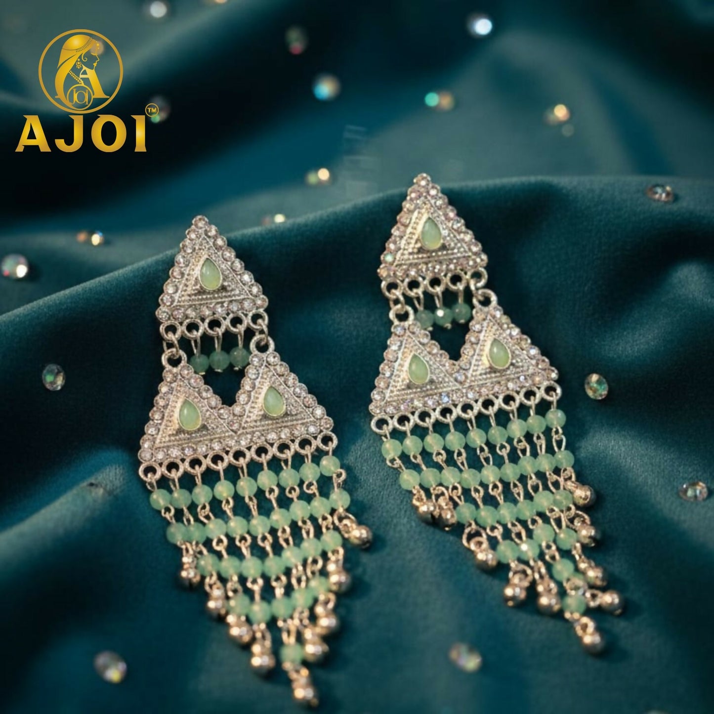 Mint Green Luxe Layered Designer Earrings with Elegant Drop and Stone Accents