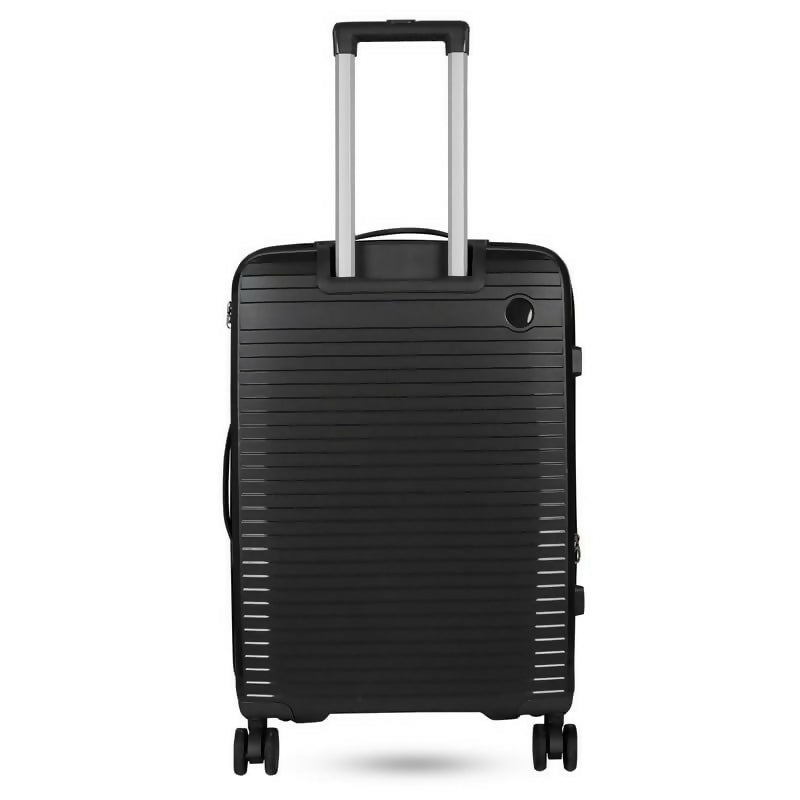 Close-up of 360-degree spinner wheel on 28-Inch hard shell luggage for smooth movement