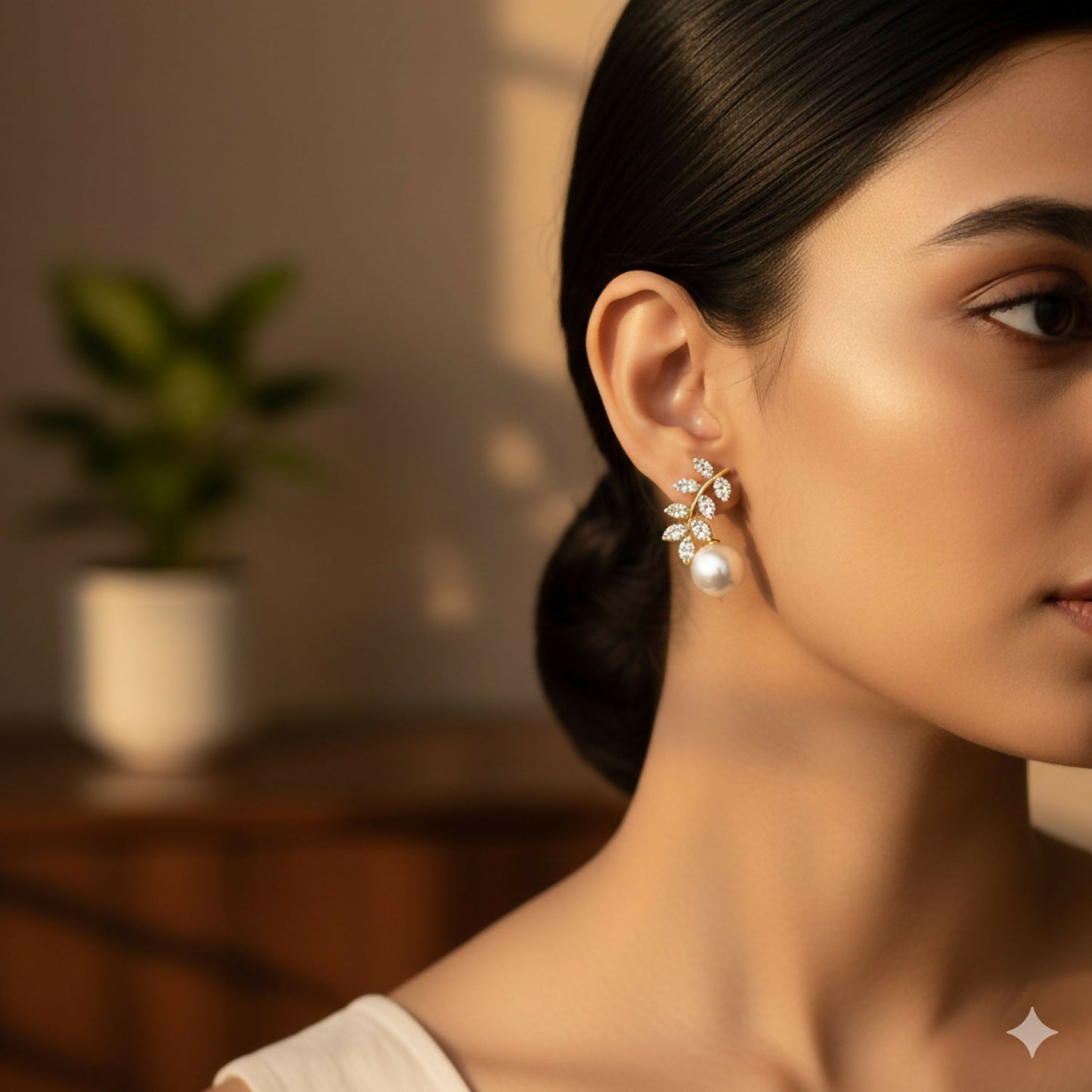 Close-up of botanical leaf and pearl design on ear climbers