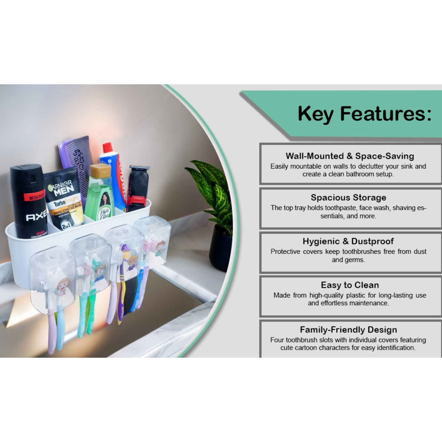 Toothbrush Holders & Storage Rack with 4 Cute Cartoon Cups