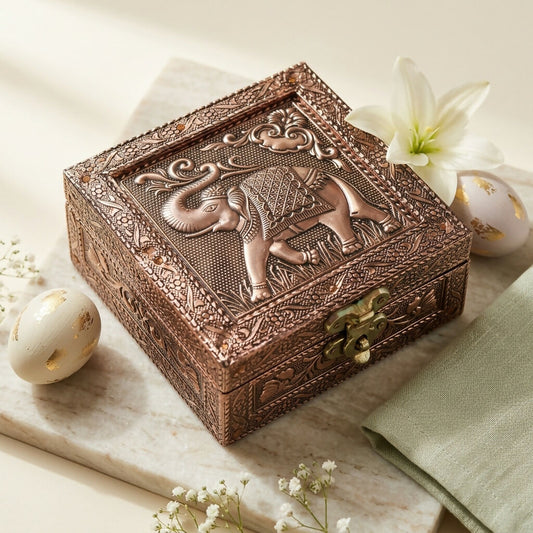 Handcrafted elephant embossed metal jewellery box decorative organizer India