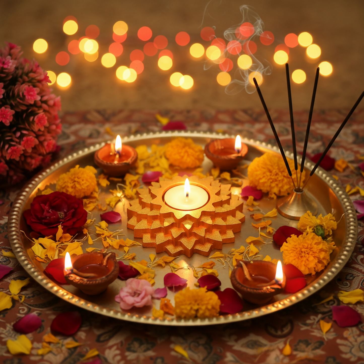 Flower 5-Step Decorative Diya Multi-Purpose Tealight Candle Holder, Dhoop Cone Stand, Pooja Diya & Mini Planter (Red, Rose Gold, Metallic Pink)