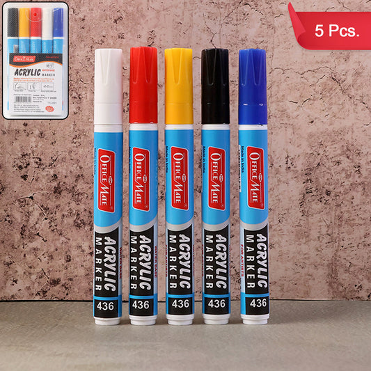 Soni Officamate Acrylic Marker Pen Set – 5 Color Pack, Water-Based, Quick Dry, Non-Toxic & Multi-Surface