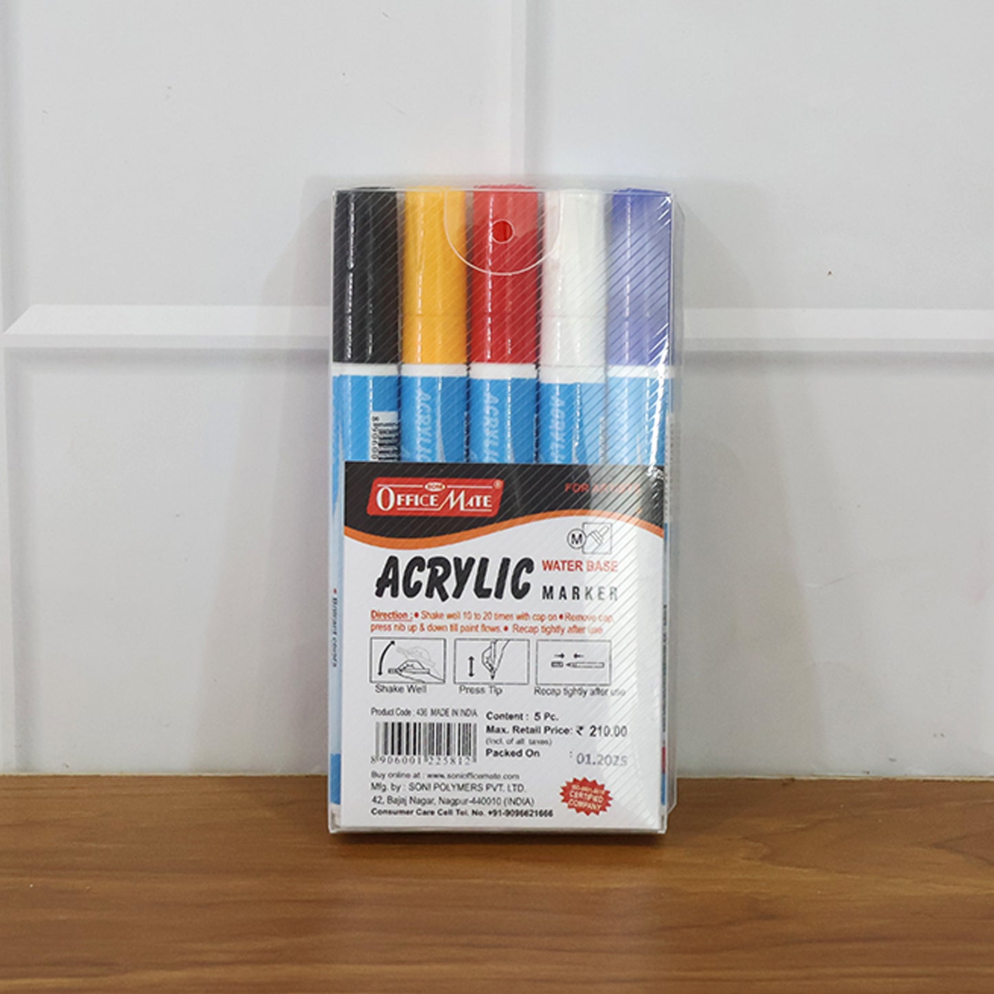 Officemate Acrylic Marker Pen Set – 5-Color Pack, Quick-Dry & Water-Based