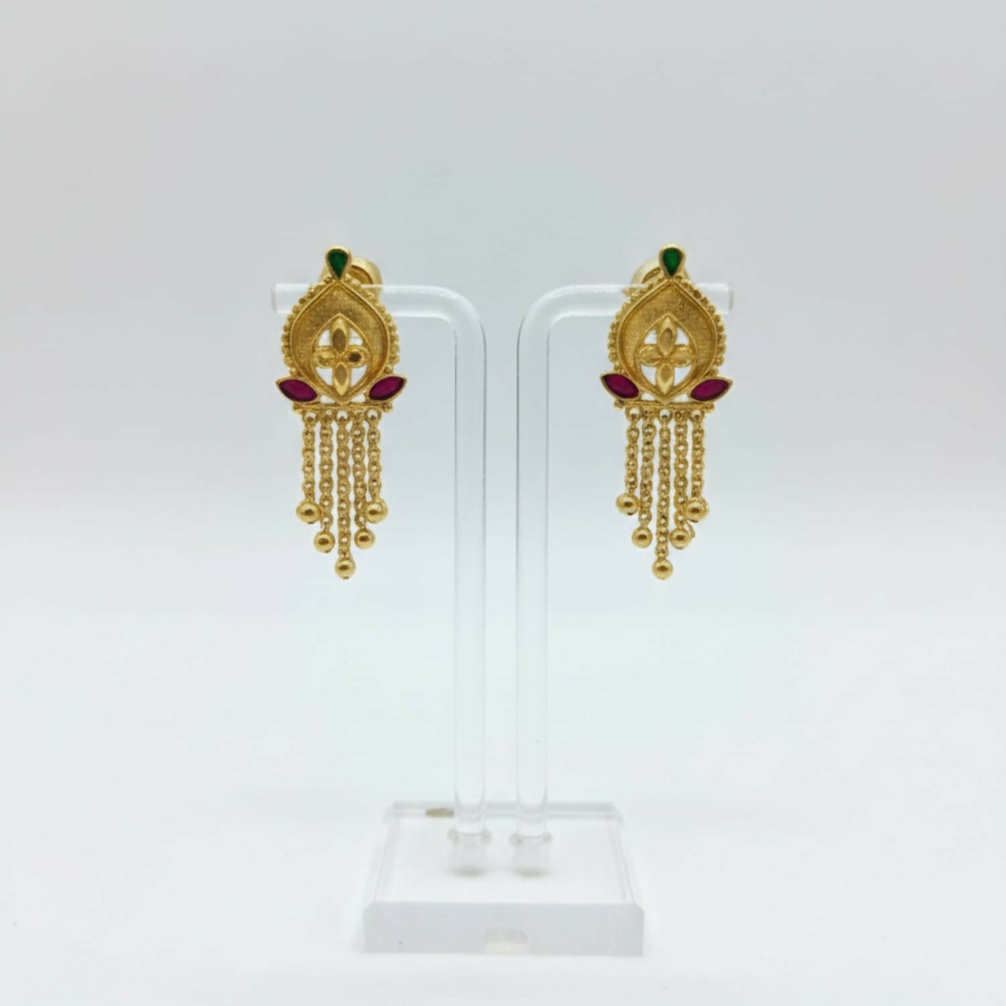 Side view of elegant lightweight gold-plated jhumka earrings with delicate golden beads