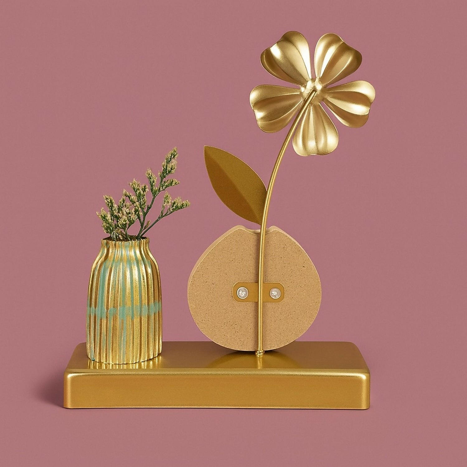 Luxury Golden Metal Flower Showpiece with Wooden Base & Mini Vase | Decorative Artificial Flower Table Accent for Home, Living Room, Office, Bedroom & Gifting