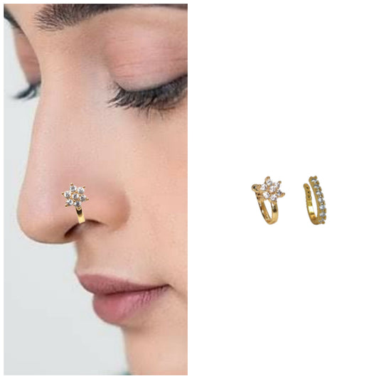 CZ Flower & Line Non-Piercing Nose Ring/Nath Combo Set Combo Pack of 2