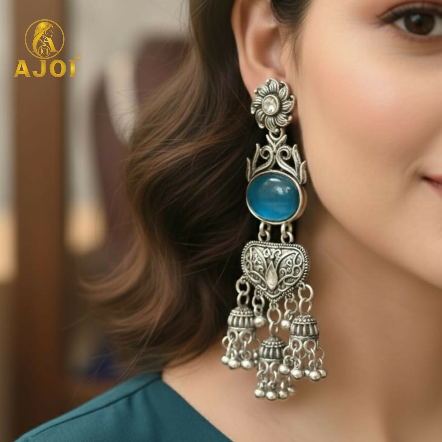 Handcrafted Oxidized Silver Turquoise Stone Jhumka Earrings with Intricate Filigree Work and Multi-Drop Danglers