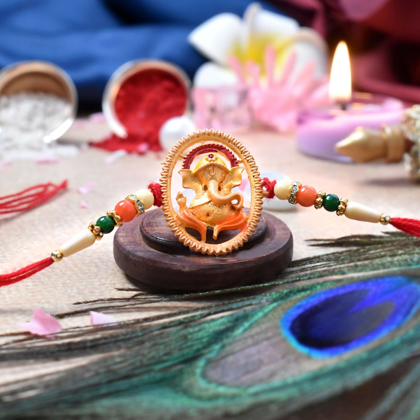 Elegant Ganesha rakhi featuring vibrant colorful beads and traditional design