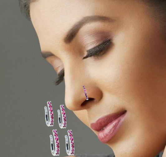 Rose Gold Pink CZ Floral Non-Pierced Clip-On Nose Ring/Pin Combo Pack of 4