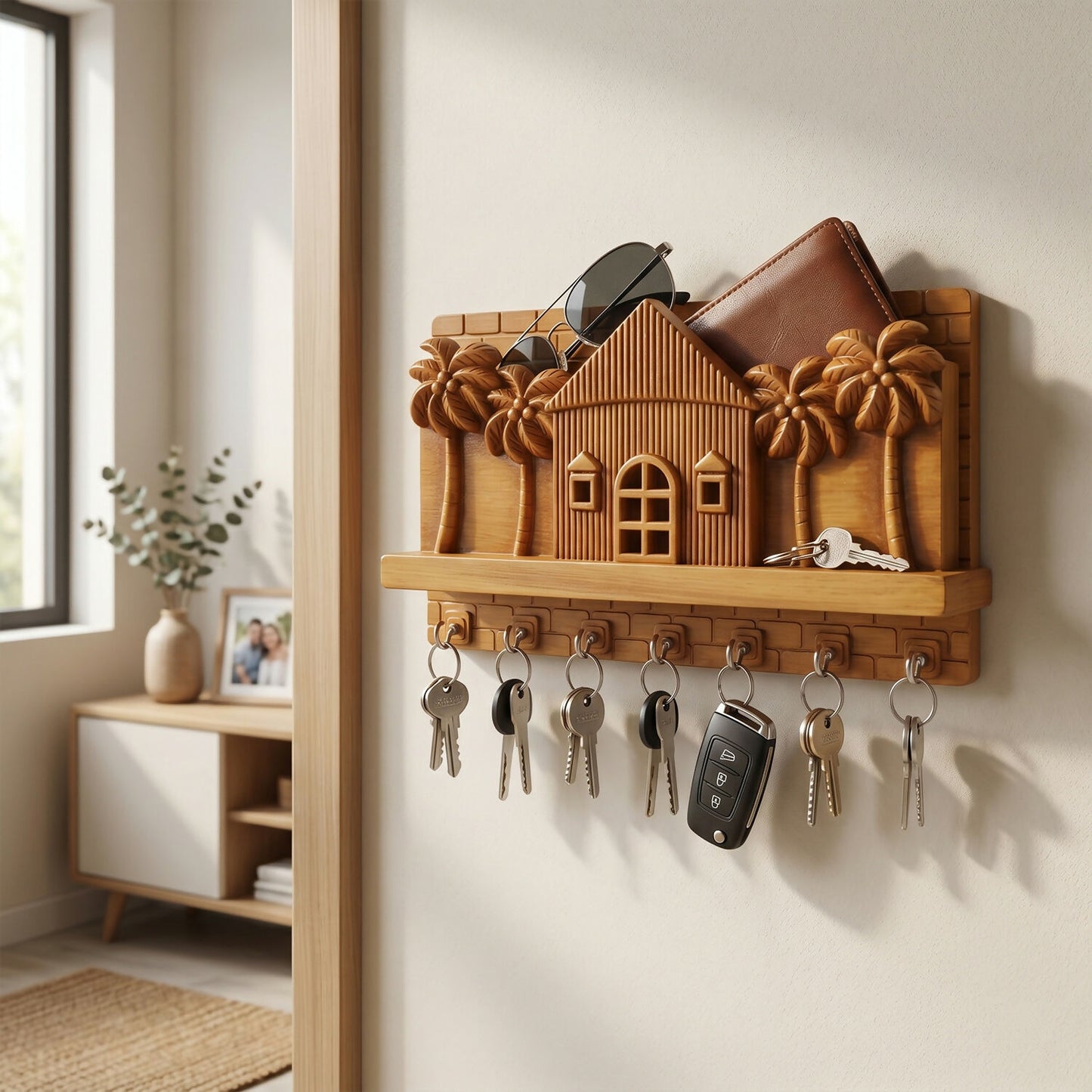 Jungle palm tree key holder hanging with keys and sunglasses