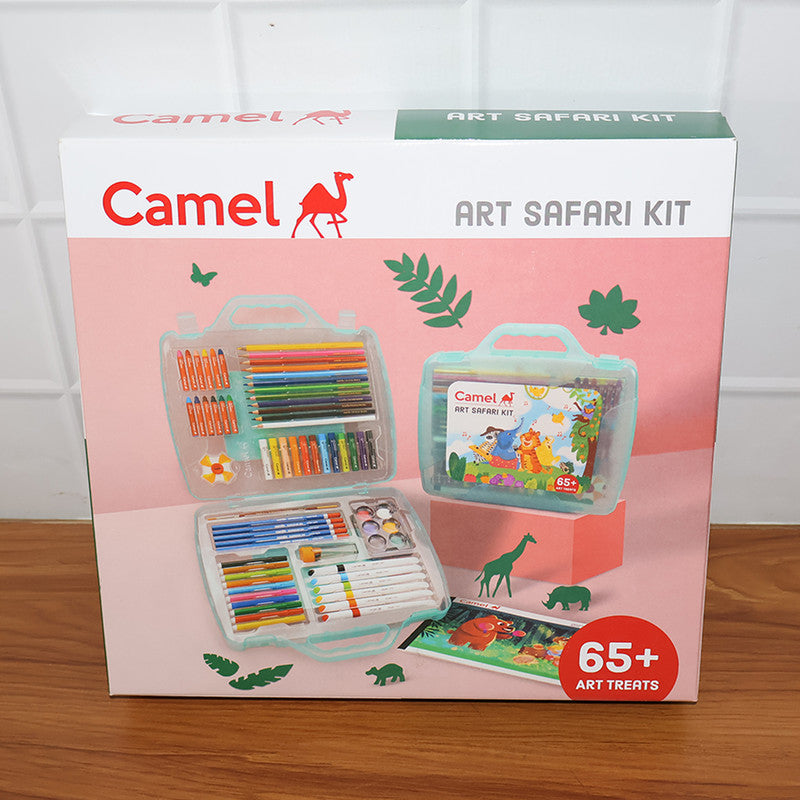 Camel Art Safari Kit – 65+ Art Treats with Colour Pencils, Crayons, Oil Pastels, Sketch Pens, Brush Pens & Watercolours