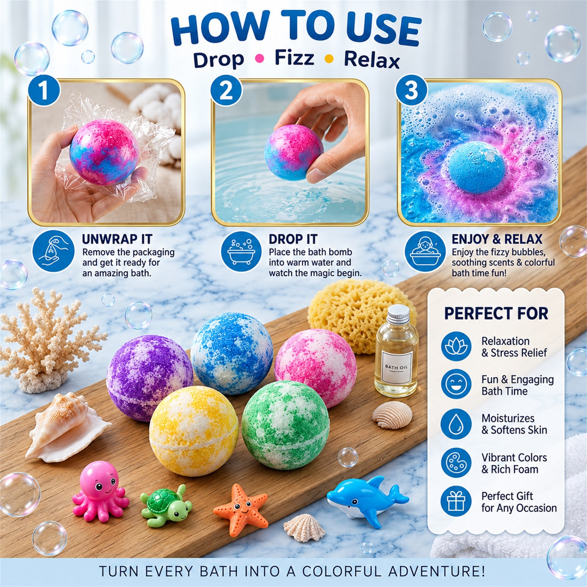 Colourful Fizzing Bath Bomb with Surprise Toy for Playful Bath Time (12 Pc)