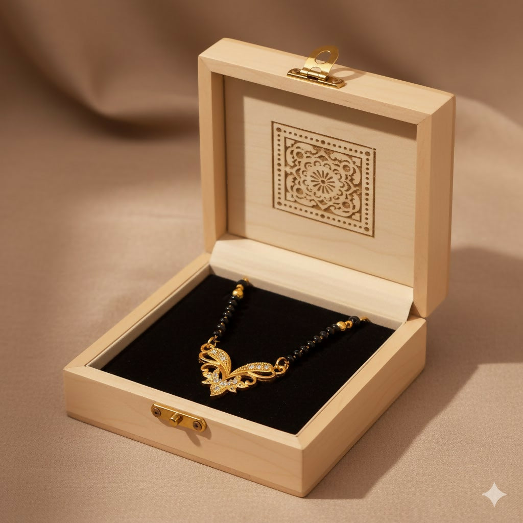 Gold-Plated Floral Butterfly Mangalsutra with Black Beads