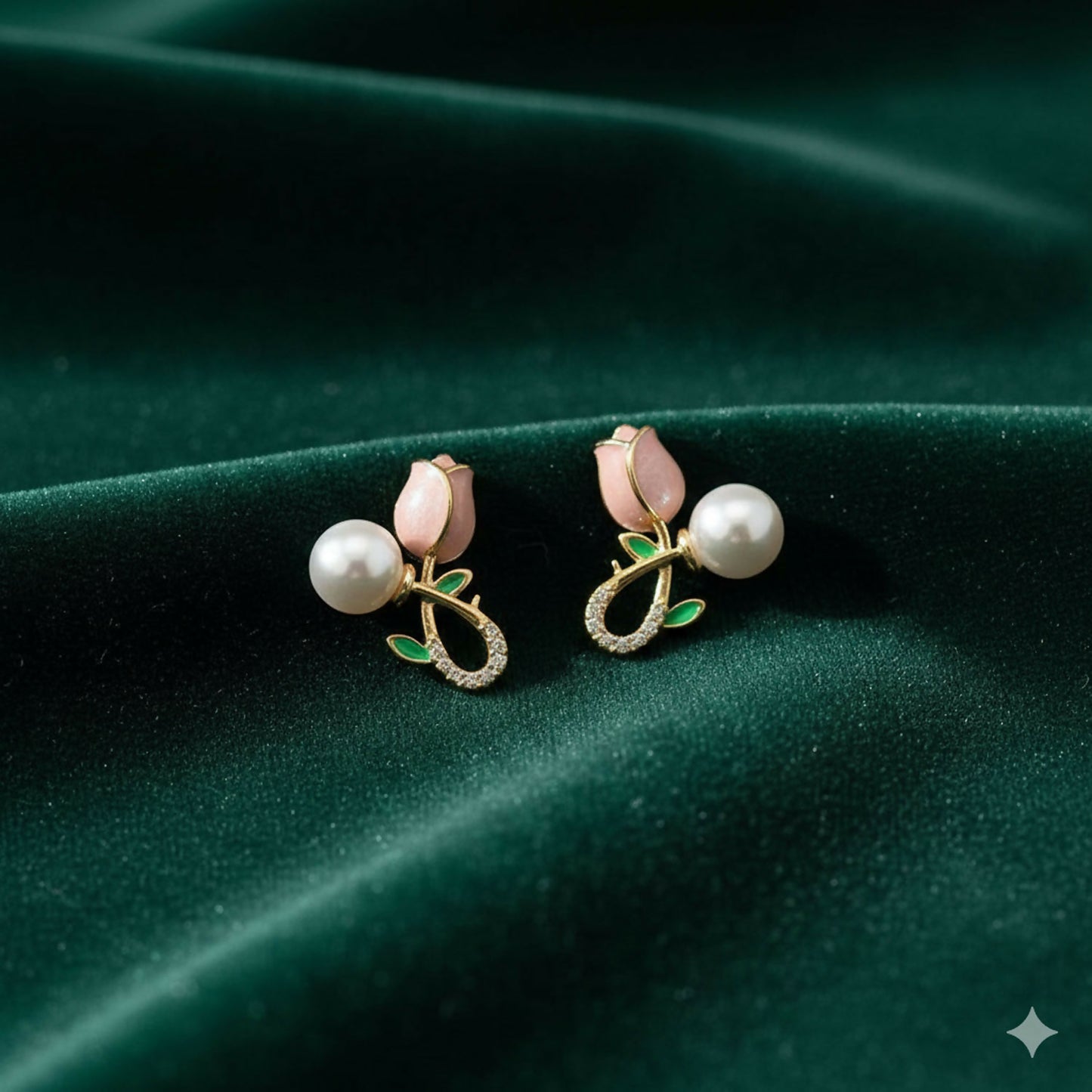 Pink Tulip and Pearl Earrings close-up showing gold-toned stems and crystal embellishments