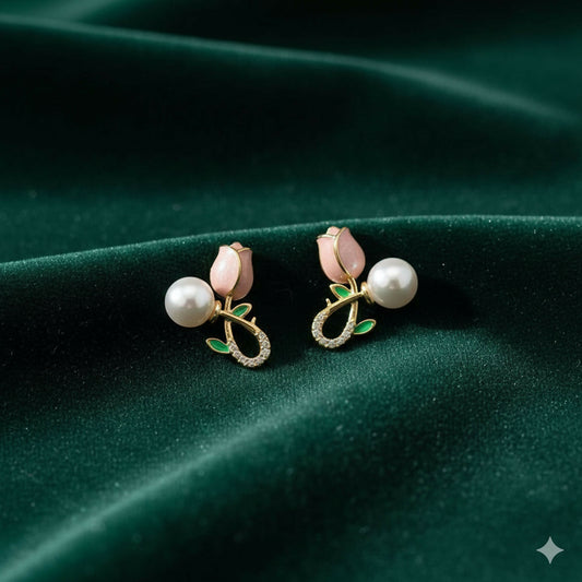 Aesthetic Pink Blossom & Pearl Earrings – Elegant Korean Style Accessories