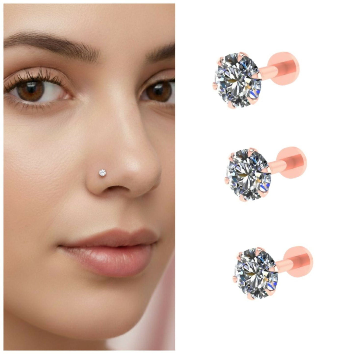 Rose Gold AD Nosepin Stud Labret Flat Back Piercing Combo Pack of 3