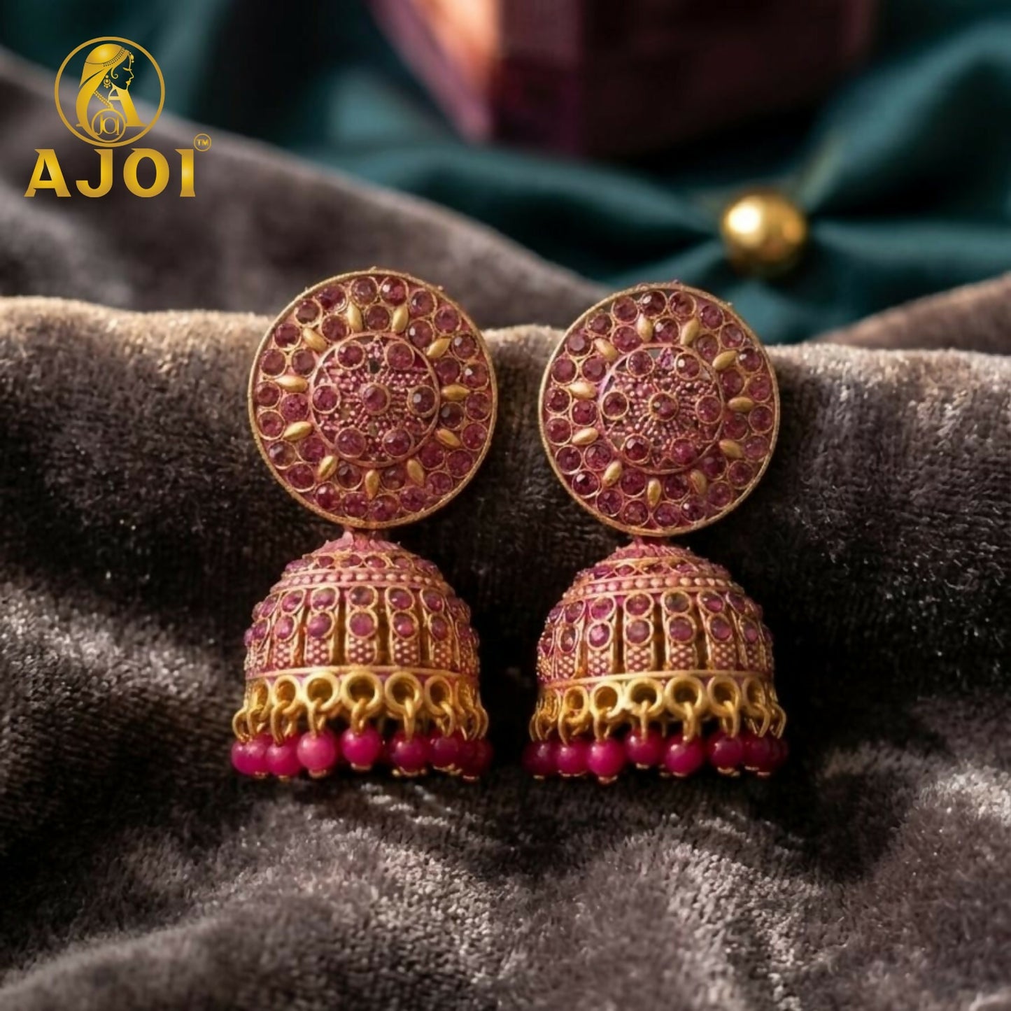 Antique Gold Pink Stone Jhumka Earrings Traditional Ethnic Design