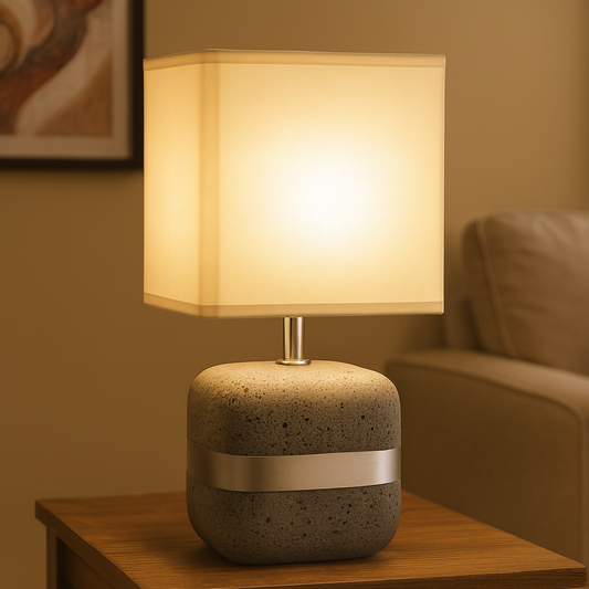 Modern Concrete Textured Table Lamp with Grey Square Fabric Shade & Silver Accent Band | Luxury Minimalist Bedside, Living Room & Study Night Lamp | Soft Ambient Lighting Home Décor Piece