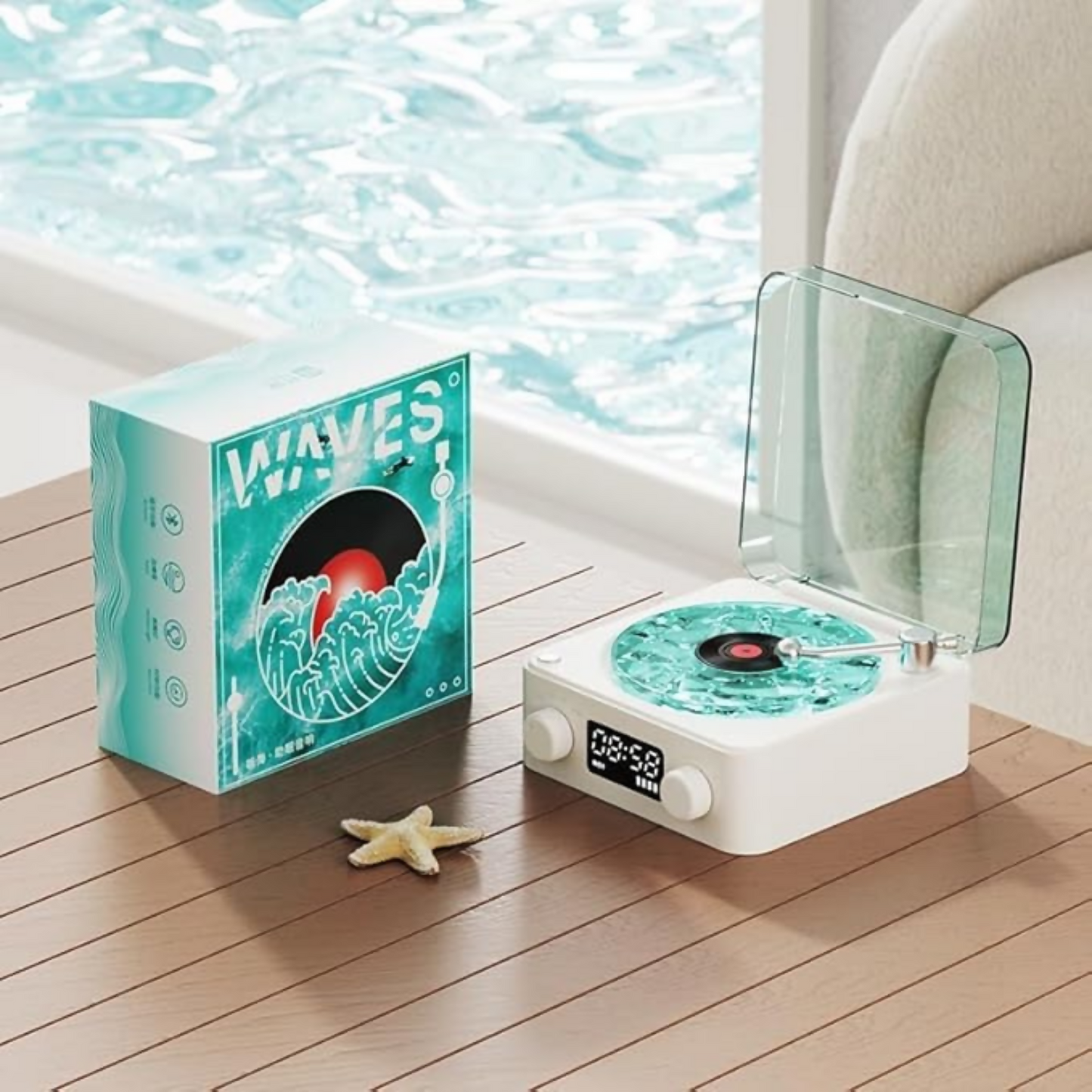 WAVES Ocean Vinyl Record Player Bluetooth Speaker with Night Light Projector, Alarm Clock & White Noise Machine – 4 Playback Modes (BT/TF/AUX/White Noise), Gradient & Solid Light Effects, Stepless Volume, Easy Connection