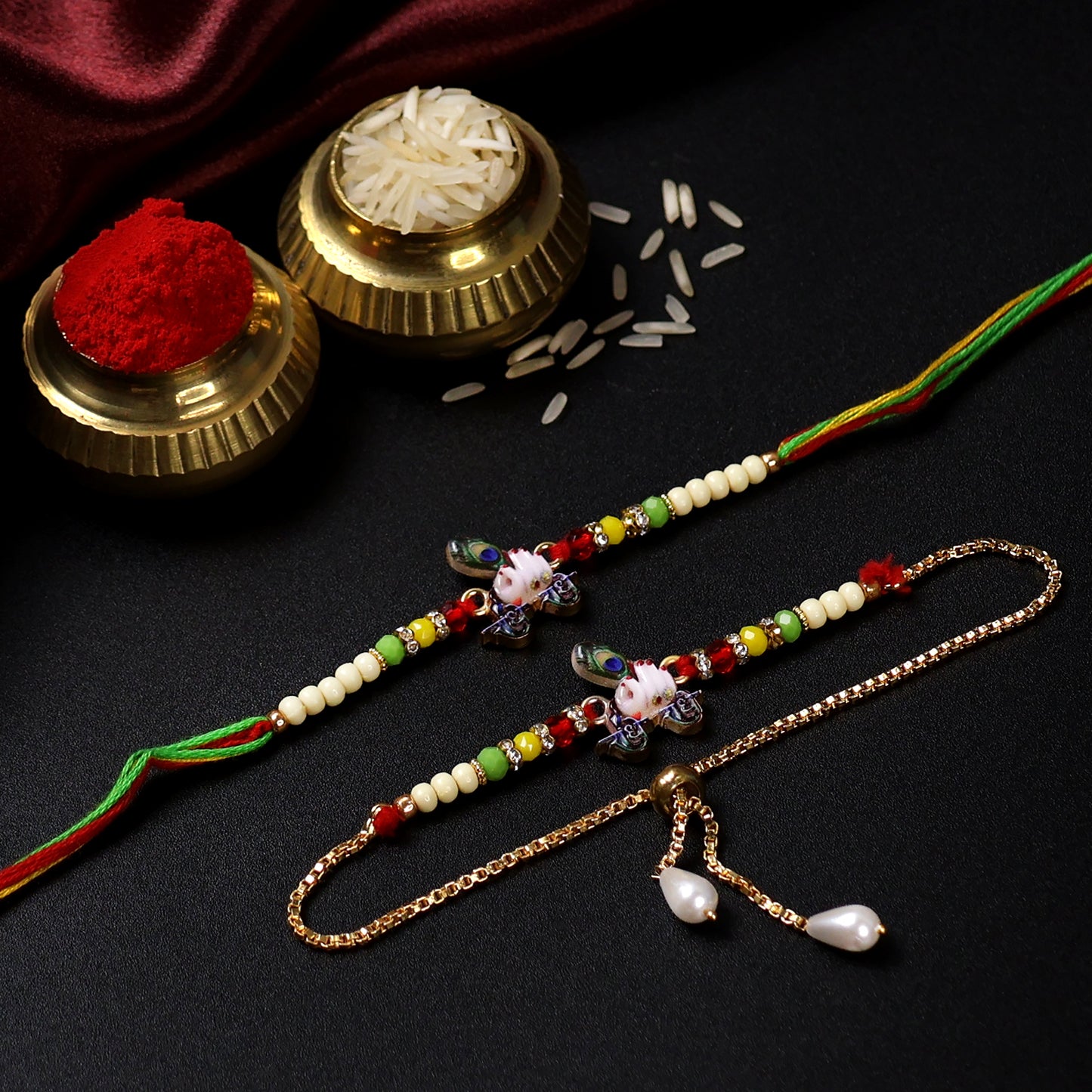 Peacock Design Bhaiya Bhabhi Rakhi Set with Golden Bracelet โ Elegant Raksha Bandhan Combo