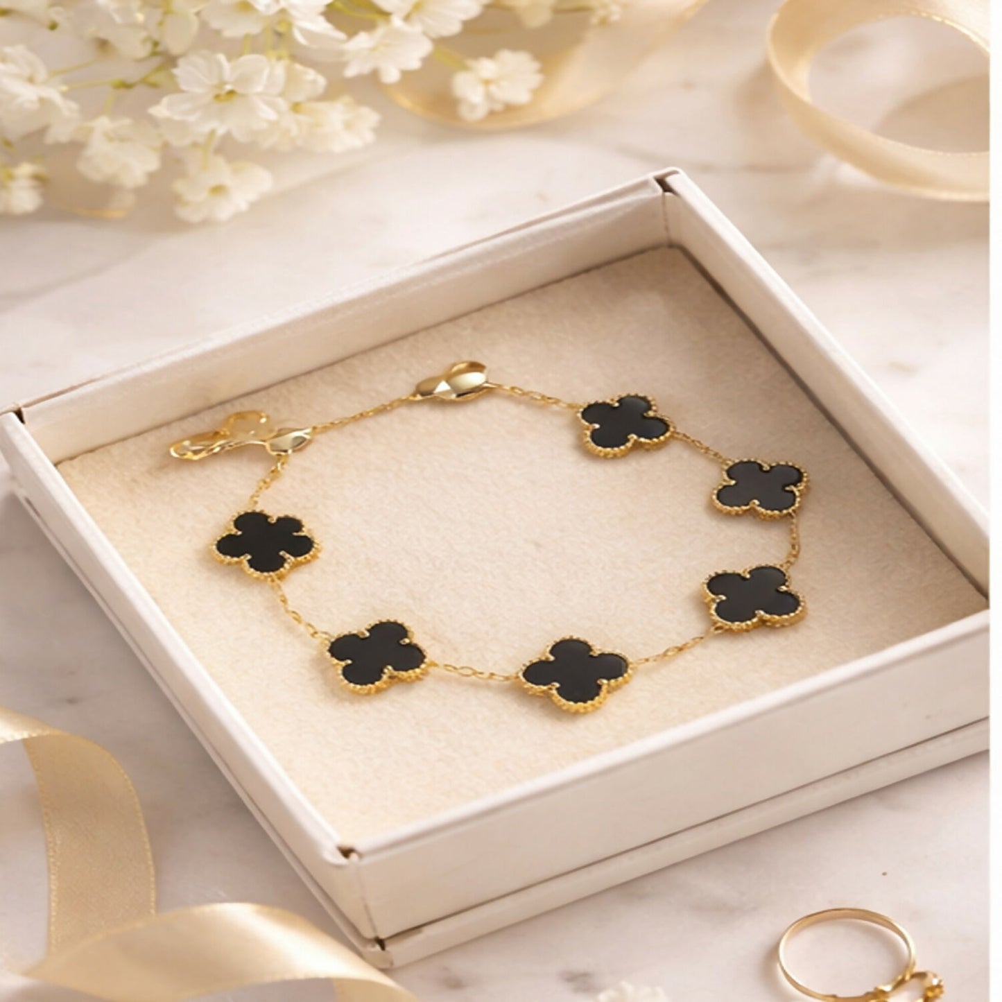 Gold Plated Black Clover Charm Bracelet for Women & Girls – Elegant Designer Chain Bracelet