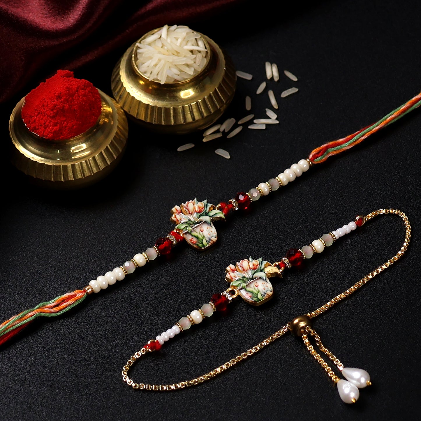 Close-up of Floral Bhaiya Bhabhi Rakhi Beaded Design