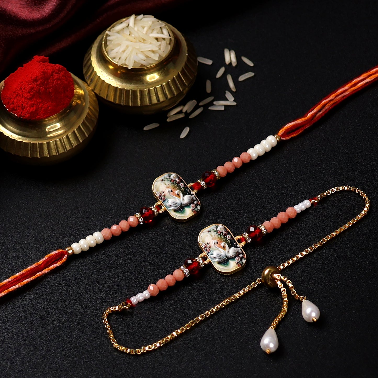 Elegant Swan Design Bhaiya Bhabhi Rakhi Set – Premium Printed Tile Rakhi with Crystal Beads & Adjustable Bracelet