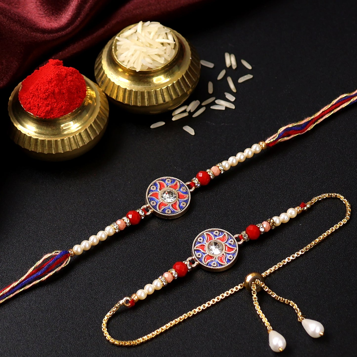 Floral Pot Bhaiya Bhabhi Rakhi Set – Elegant Beaded Raksha Bandhan Combo