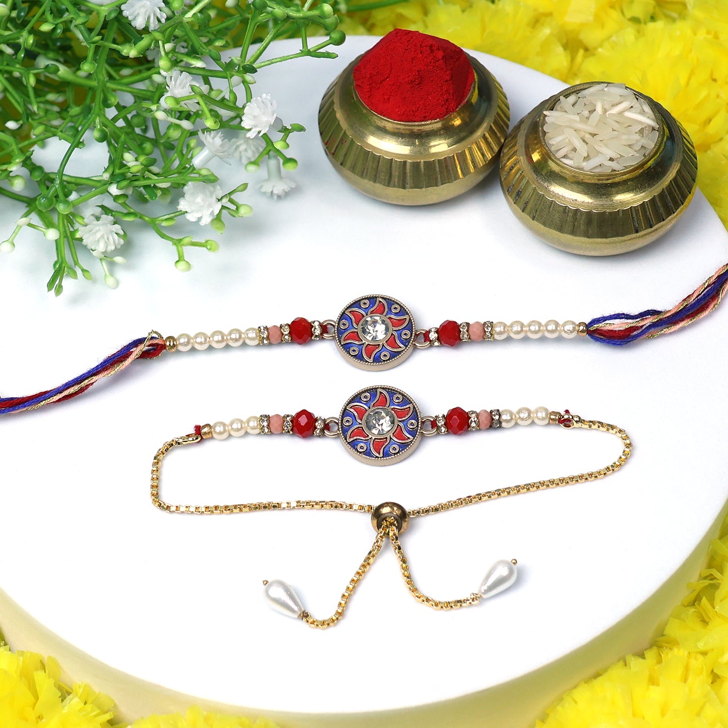 Floral Pot Bhaiya Bhabhi Rakhi Set – Elegant Beaded Raksha Bandhan Combo