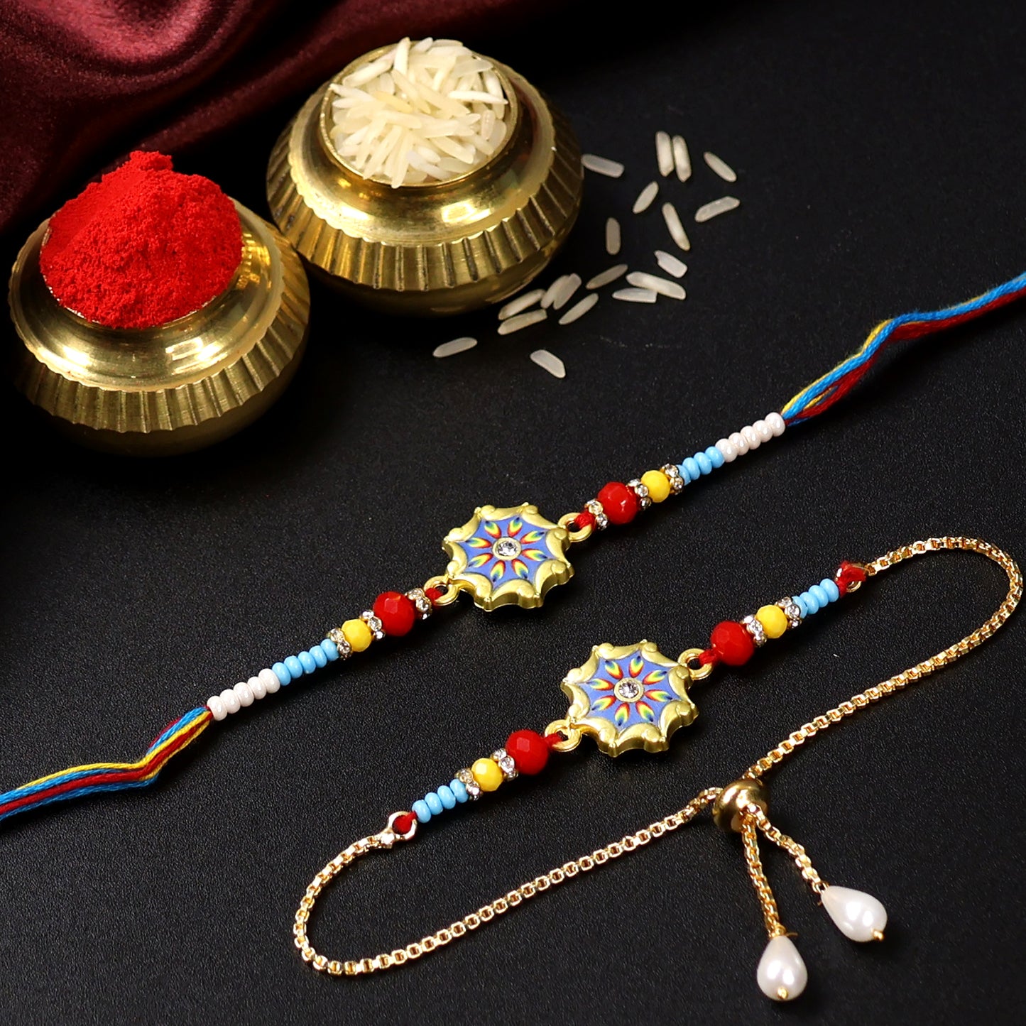 Sunburst Bhaiya Bhabhi Rakhi Set – Designer Rakhi with Colorful Beads