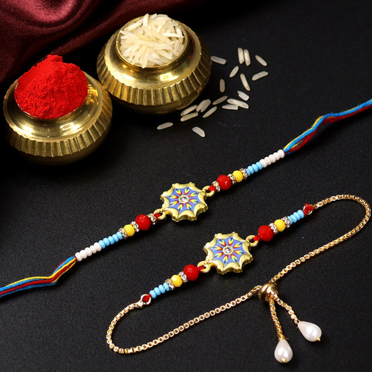 Sunburst Bhaiya Bhabhi Rakhi Set with colorful beads