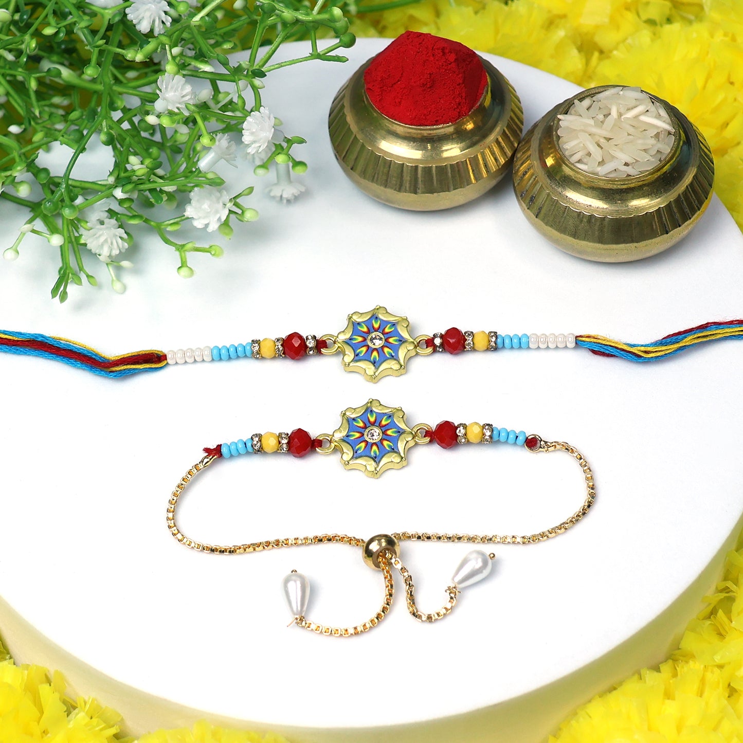 Sunburst Bhaiya Bhabhi Rakhi Set – Designer Rakhi with Colorful Beads