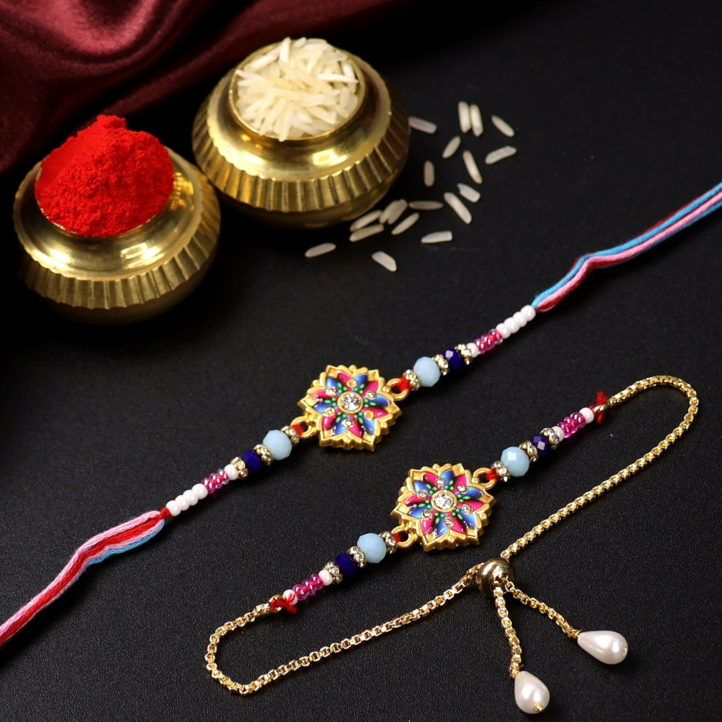 Elegant Lotus Meenakari Bhaiya Bhabhi Rakhi Set – Pearl & Bead Designer Combo