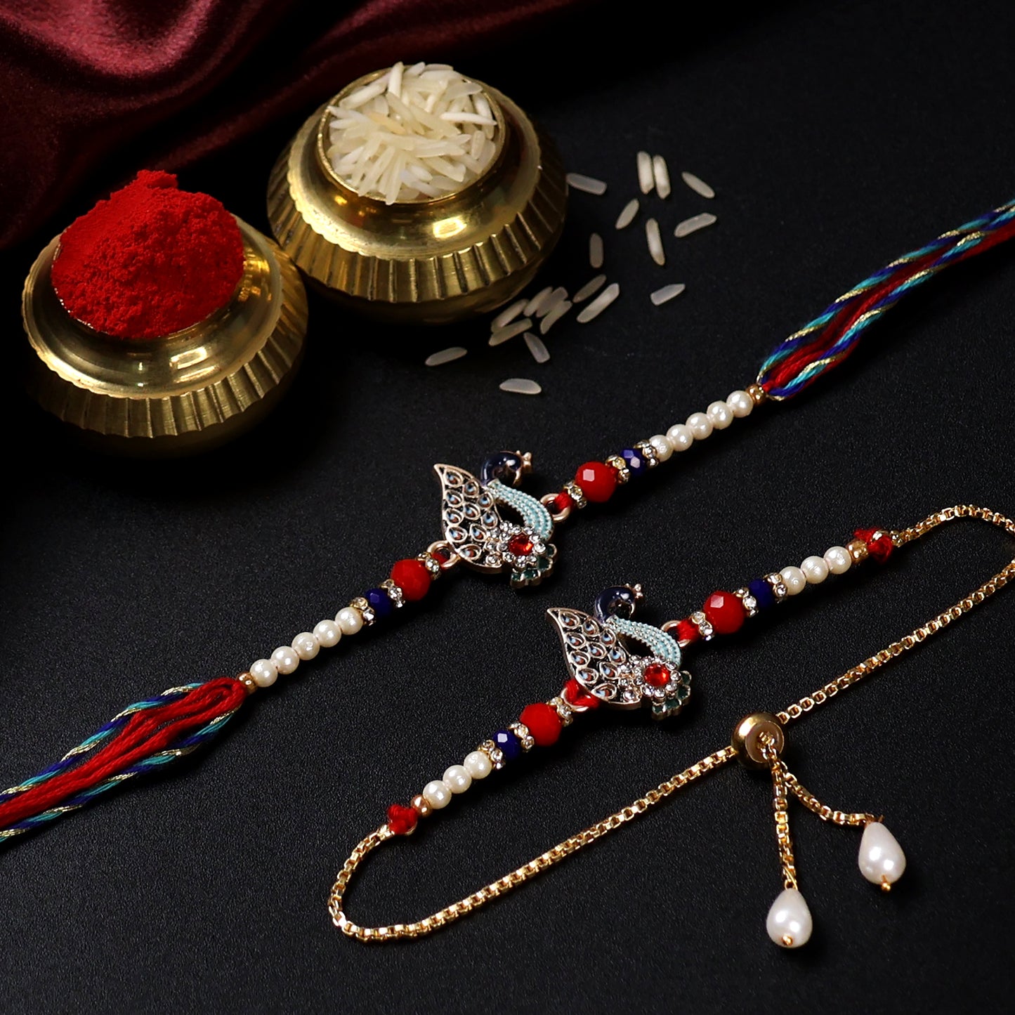 Royal Swan Bhaiya Bhabhi Rakhi Set โ Pearl & Stone Designer Combo