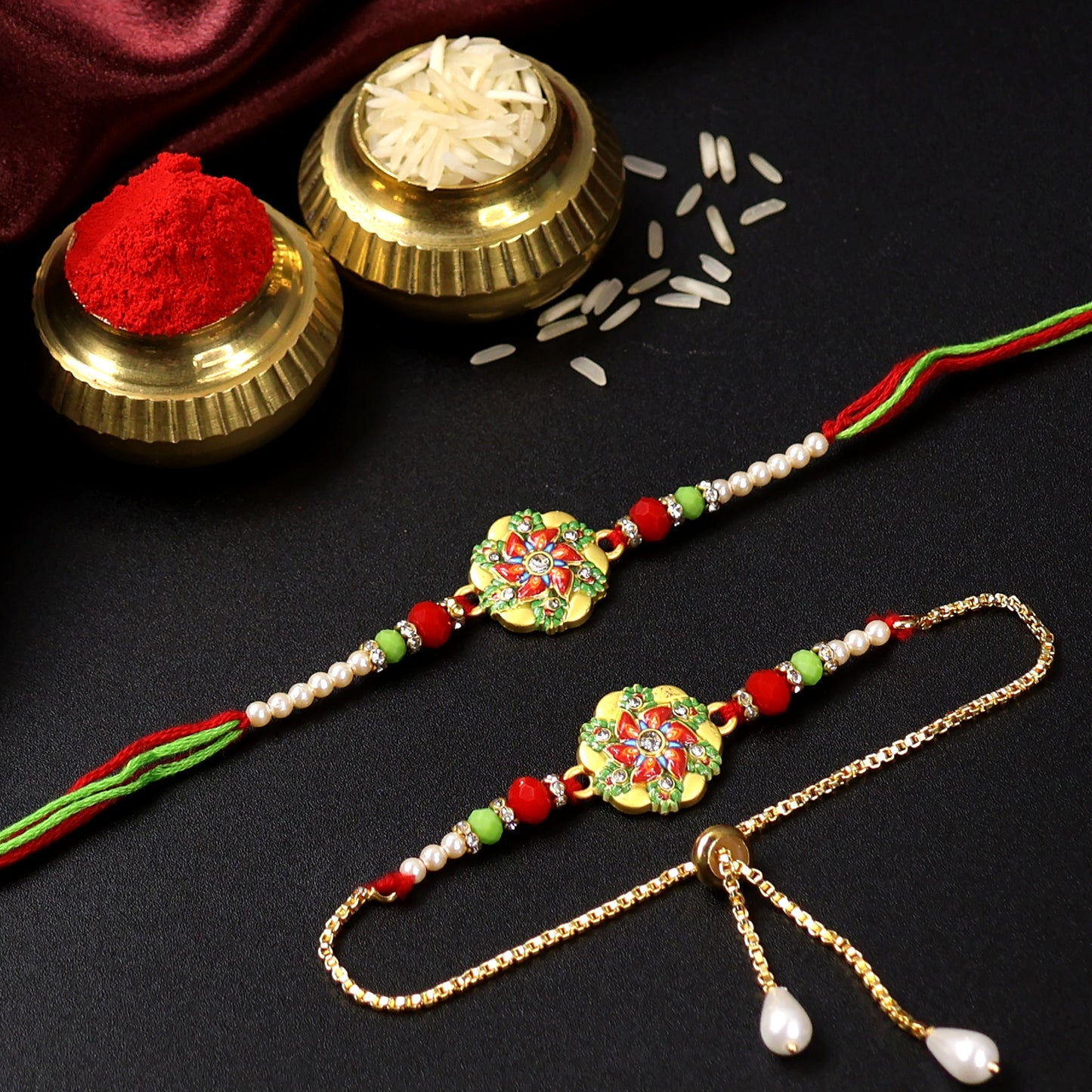 Elegant Floral Bhaiya Bhabhi Rakhi Set – Handcrafted Multicolor Rakhi with Decorative Beads & Golden Chain Bracelet for Raksha Bandhan