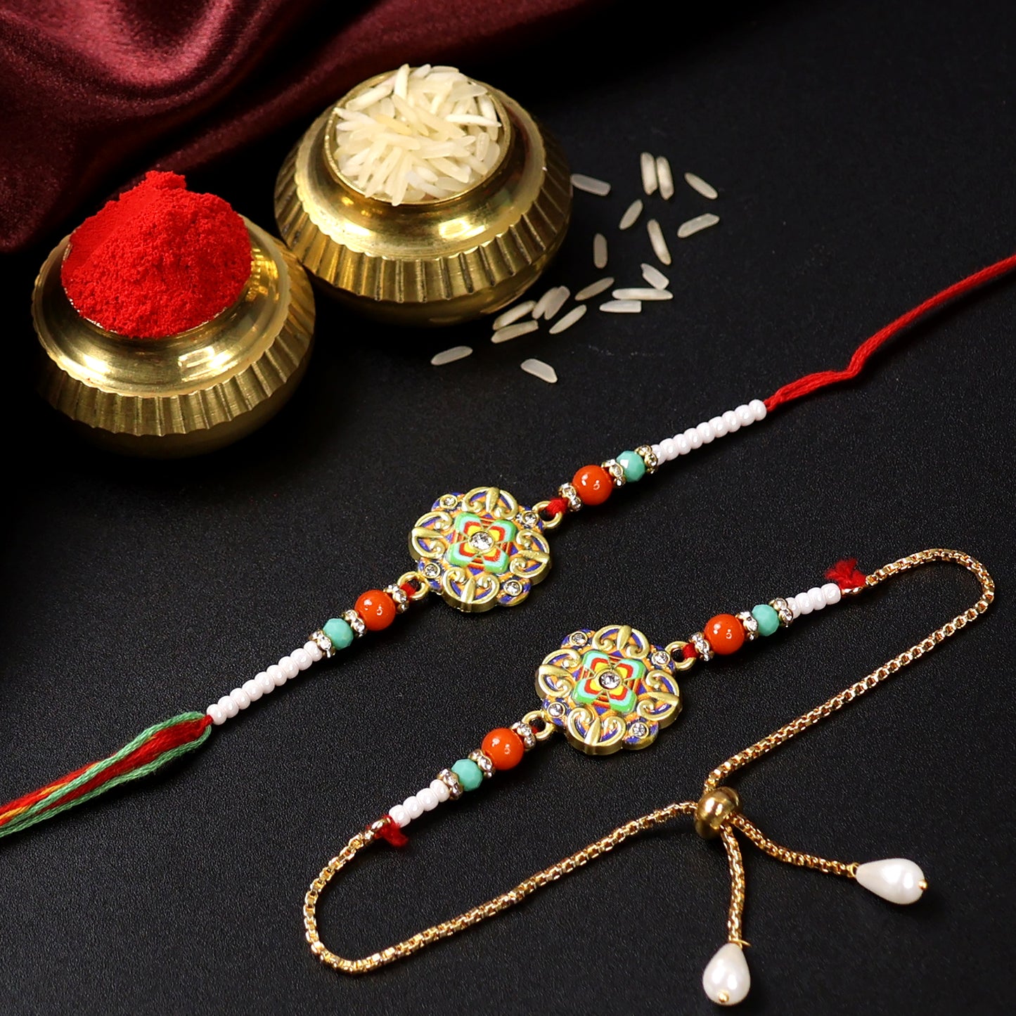 Vibrant Mandala Bhaiya Bhabhi Rakhi Set – Pearl Chain & Meenakari Charm
