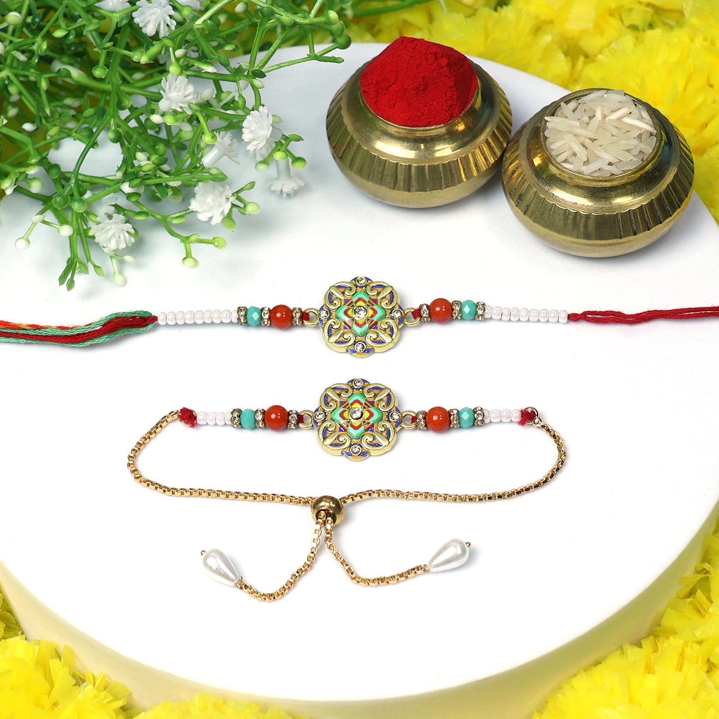 Vibrant Mandala Bhaiya Bhabhi Rakhi Set – Pearl Chain & Meenakari Charm