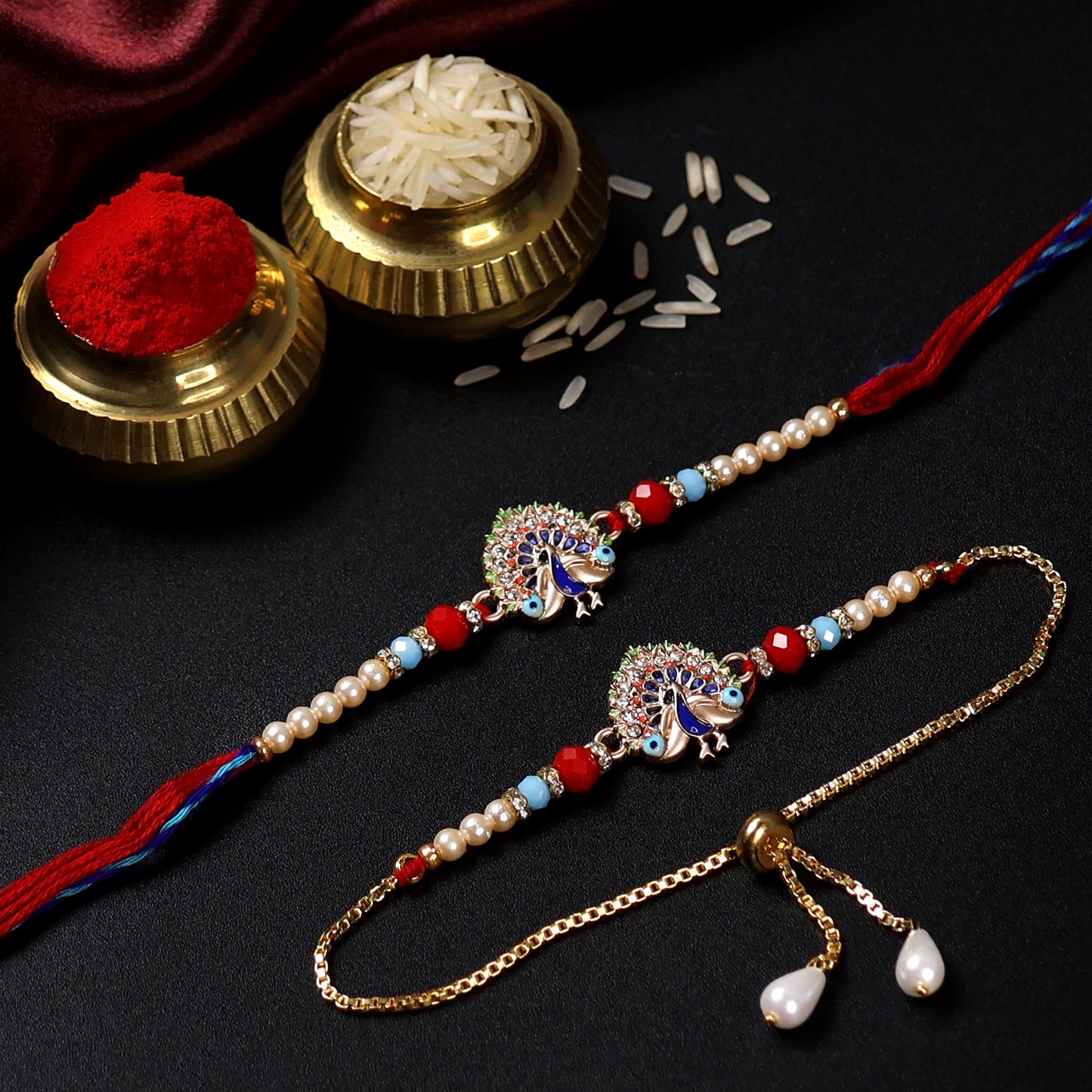 Royal Peacock Bhaiya Bhabhi Rakhi Set โ Designer Beaded Rakhi with Golden Adjustable Bracelet for Raksha Bandhan