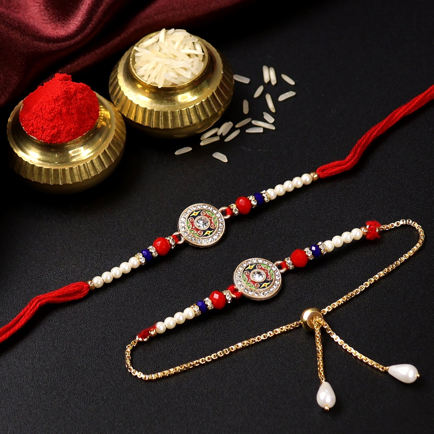 Premium Rakhi & Bracelet Combo – Traditional Kundan Work Rakhi with Pearls and Elegant Golden Bracelet for Bhaiya Bhabhi Set (3 Pcs)