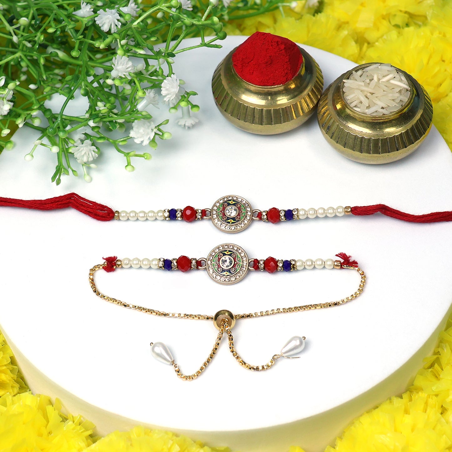 Premium Rakhi & Bracelet Combo – Traditional Kundan Work Rakhi with Pearls and Elegant Golden Bracelet for Bhaiya Bhabhi Set (3 Pcs)