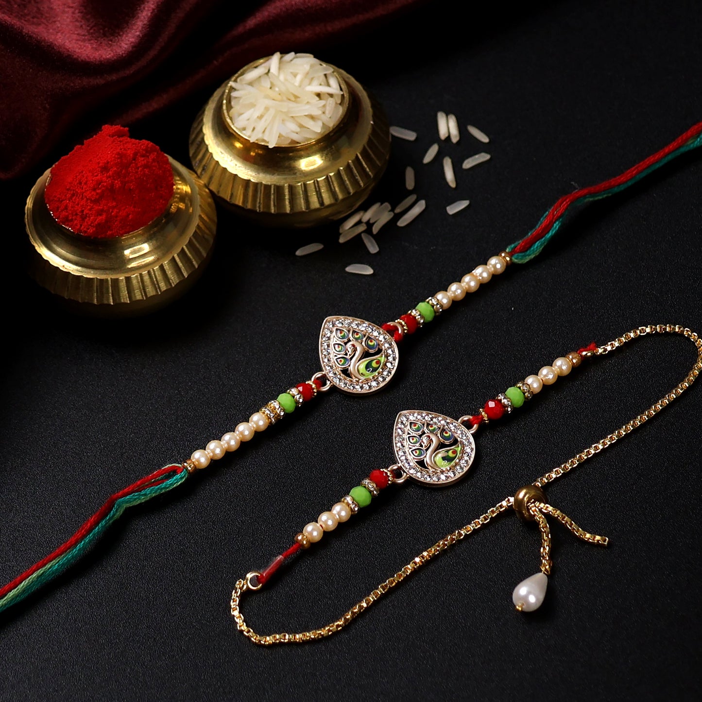 Traditional Meenakari Bhaiya Bhabhi Rakhi Set – Designer Tear Drop Shape Rakhi with Pearl Beads & Adjustable Bracelet for Raksha Bandhan