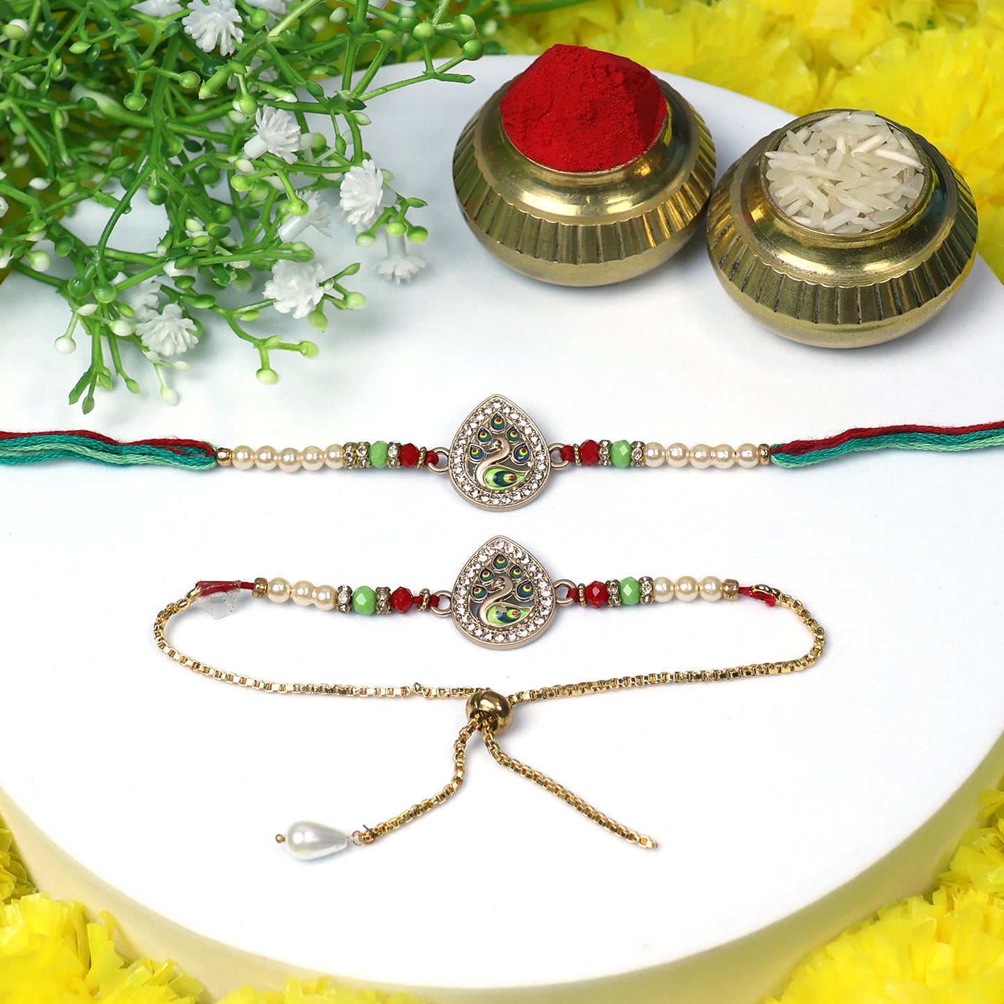 Traditional Meenakari Bhaiya Bhabhi Rakhi Set – Designer Tear Drop Shape Rakhi with Pearl Beads & Adjustable Bracelet for Raksha Bandhan