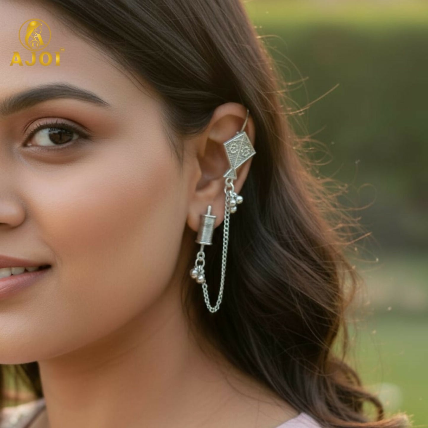 Ethnic Oxidised Silver Kite Design Earrings with Chain & Ghungroo for Women and Girls